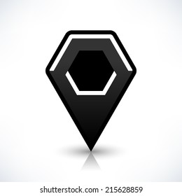 Map pin location sign rounded polygon icon in simple flat style. Black shapes with gray shadow and reflection isolated on white background. Web design element save in vector illustration 8 eps