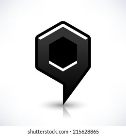 Map pin location sign rounded hexagon icon in simple flat style. Black shapes with gray shadow and reflection isolated on white background. Web design element save in vector illustration 8 eps