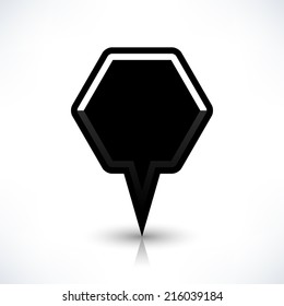 Map pin location sign rounded hexagon icon in flat style. Simple black shapes with gray gradient shadow and reflection isolated on white background. Web design element save vector illustration 8 eps
