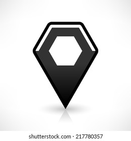 Map pin location sign rounded polygon icon in simple flat style. Black shapes with gray gradient reflection and shadow isolated on white background. Web design element save vector illustration 8 eps