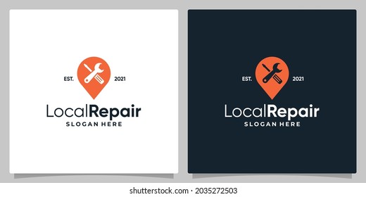 Map pin location symbol with logo a workshop equipment and business card design.