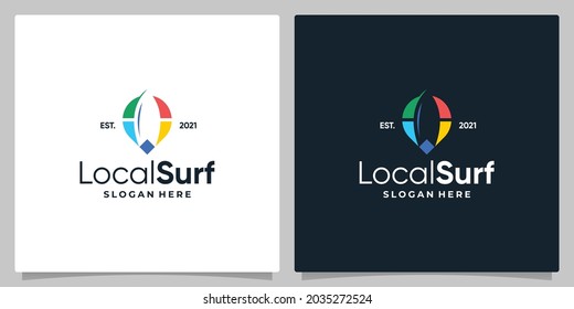 Mapa el símbolo de ubicación del pin con el logo y diseño de tarjetas de visita.
