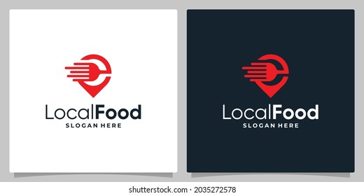 Map pin location symbol with logo a fork spoon and fast speed logo. business card design.