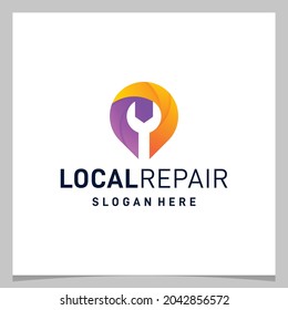 Mapear el símbolo de localización del alfiler y el logotipo de un equipo de taller con un logo colorido. Vector premium