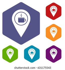 Map pin location with tea or coffee cup sign icons set hexagon isolated vector illustration