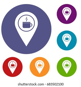 Map pin location with tea or coffee cup sign icons set
