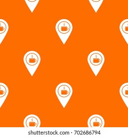 Map pin location with tea or coffee cup sign pattern repeat seamless in orange color for any design. Vector geometric illustration