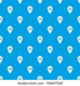 Map pin location with tea or coffee cup sign pattern repeat seamless in blue color for any design. Vector geometric illustration