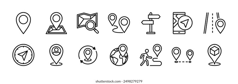 Map pin location thin line icon vector set. Containing marker, direction, route, navigation, GPS, compass, distance, path, you are here, tracking, pointer, destination, positioning, street board