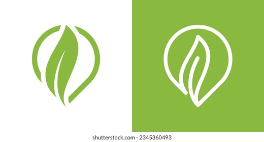 diseño del logotipo del pin del mapa combinado con hojas y hecho al estilo moderno