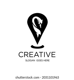 map pin logo and swan. creative combination of map pin and swan's head. swan map pin negative space concept
