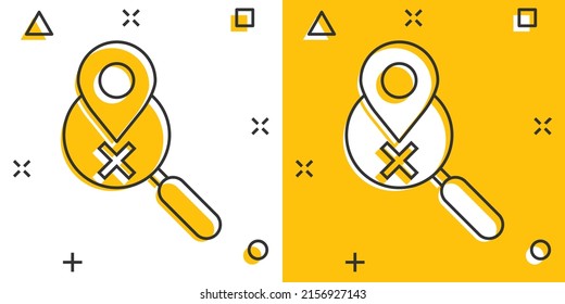 Map pin with magnifier icon in comic style. Gps navigation cartoon vector illustration on white isolated background. Locate position splash effect business concept.