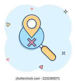 Map pin with magnifier icon in comic style. Gps navigation cartoon vector illustration on white isolated background. Locate position splash effect business concept.
