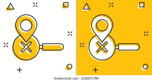 Map pin with magnifier icon in comic style. Gps navigation cartoon vector illustration on white isolated background. Locate position splash effect business concept.