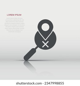 Map pin with magnifier icon in flat style. Gps navigation vector illustration on white isolated background. Locate position business concept.