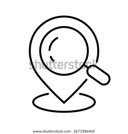 Map pin with magnifying glass line icon. Location search, GPS navigation, finding address concept. Online maps and exploring destinations. Ideal for travel and delivery services. Vector illustration. 