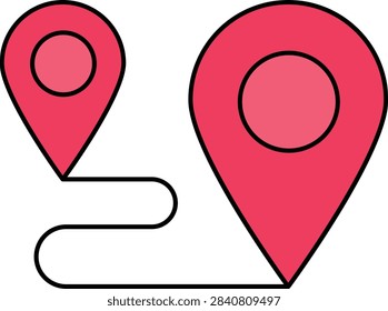 Map pin markers connected by a path route representing GPS navigation, location route, and travel itinerary.