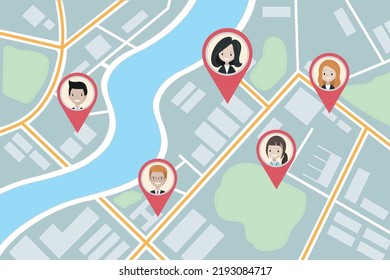 Mapa con marcadores de pin que muestran la ubicación GPS de personas o amigos en la ciudad