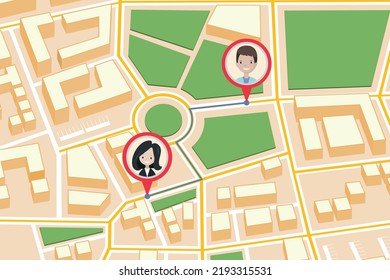 Map with pin markers showing GPS location of people or friends in the city with direction