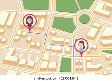 Map with pin markers showing GPS location of people or friends in the city with direction 