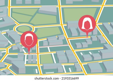 Map with pin markers showing GPS location and direction of people or friends around the city