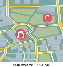 Map with pin markers showing GPS location of people or friends in the city with direction 