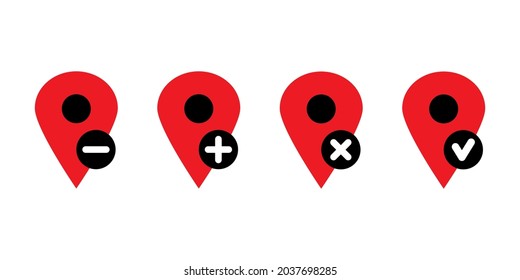 Map pin with minus, plus, cross mark, check mark icon