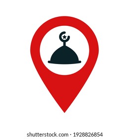 map pin with mosque icon. mosque icon map pin on white background. mosque sign. vector illustration.