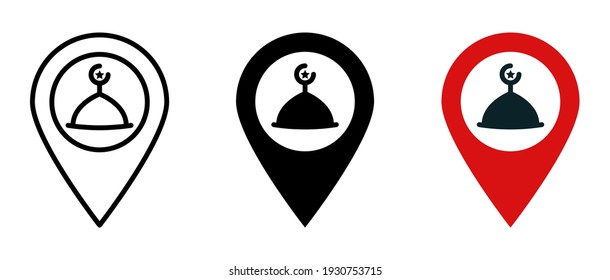 map pin with mosque icon. mosque icon map pin on white background. mosque sign. vector illustration.