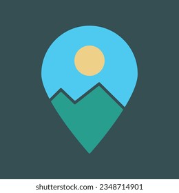 Map pin with mountain and sun, logo vector icon.