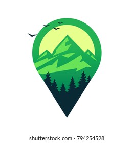 Map pin with mountains, vector icon.