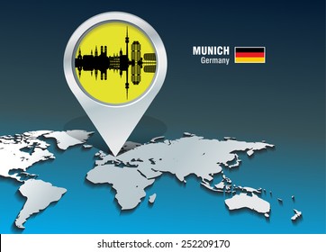 Map pin with Munich skyline - vector illustration