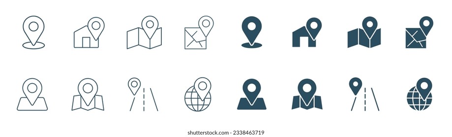 Map pin and navigation line icon set. symbol of mark location icons, home, route, located illustration vector