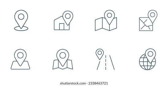 Juego de iconos de la línea de navegación y del pin de asignación. símbolo de iconos de ubicación de marca, home, route, ilustración localizada vector