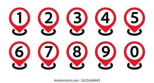Map pin with numbers icons set. location and pointer symbol. Vector illustration.