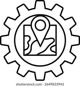 Um mapa com um pino sobre ele é desenhado em preto e branco. O mapa é rodeado por uma engrenagem, que também é desenhada em preto e branco. Conceito de navegação e direção