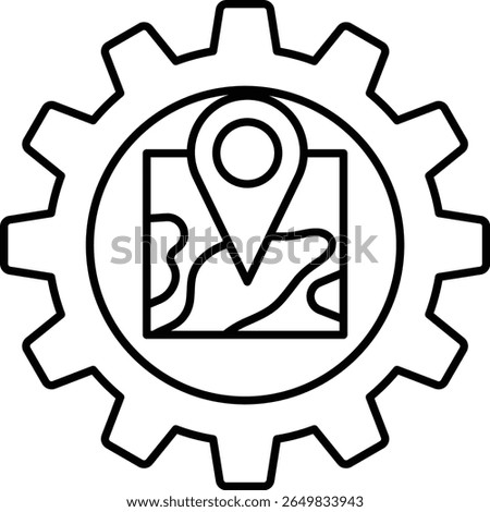 A map with a pin on it is drawn in black and white. The map is surrounded by a gear, which is also drawn in black and white. Concept of navigation and direction