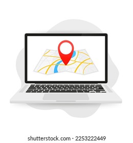 Map with a pin on laptop. Red direction indicator on a folded city map, gps navigation and location of movement. Location map flat design isolated on white. Vector illustration