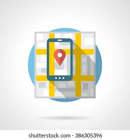 Map and pin on mobile phone, smartphone. Mobile gps navigation. GPS technology. Travel and tourism. Single detailed flat color style vector icon. Web design elements for business, site, mobile app. 