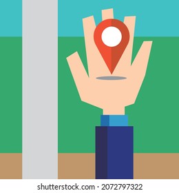 The map pin on the map on your hand.