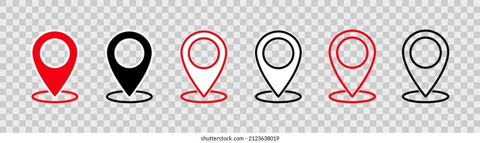 Map pin. Outline map pin position symbol with circle place isolated transparent background. Icons of gps points. Web pointer of destinations. Sign for road travel. Vector.