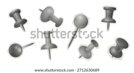 Map pin paper sticker set. 3D black white thumbtack for halftone collages. Isolated vector elements in retro style