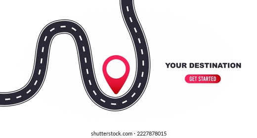 Map pin and path. Destination marker and road illustration