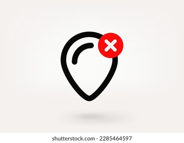 Map pin pictogram with ban mark. 3d vector icon