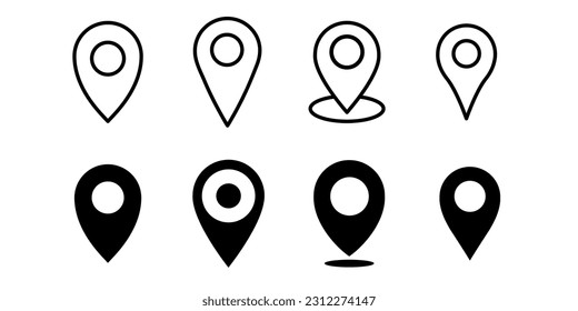 Map pin place icons set. Location icon. 8 different location pins. GPS location symbol collection black and white flat vector illustration isolated on white background.