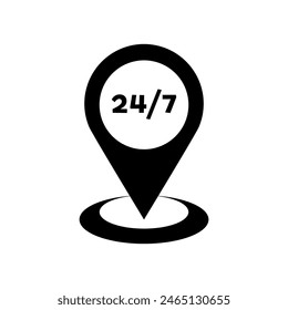 Map pin - place open 247. Working without days off. Vector element.