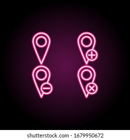 Map, pin, plus, remove, minus sign neon icon. Simple thin line, outline vector of web icons for ui and ux, website or mobile application