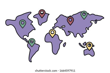 Map pin point icon, locator position pinpoint vector. Trendy navigation symbol for website design, mobile app. Shipping and globe delivery, worldwide service, continents and pointers illustration