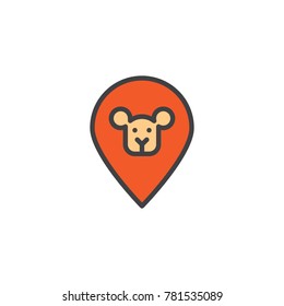 Map pin pointer animal zoo filled outline icon, line vector sign, linear colorful pictogram isolated on white. Symbol, logo illustration. Pixel perfect vector graphics