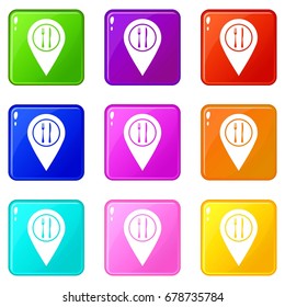 Map pin pointer with cafe or restaurant sign icons of 9 color set isolated vector illustration